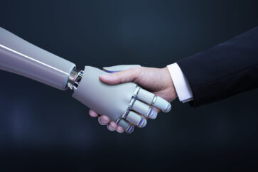 Business hand robot handshake, artificial intelligence digital t